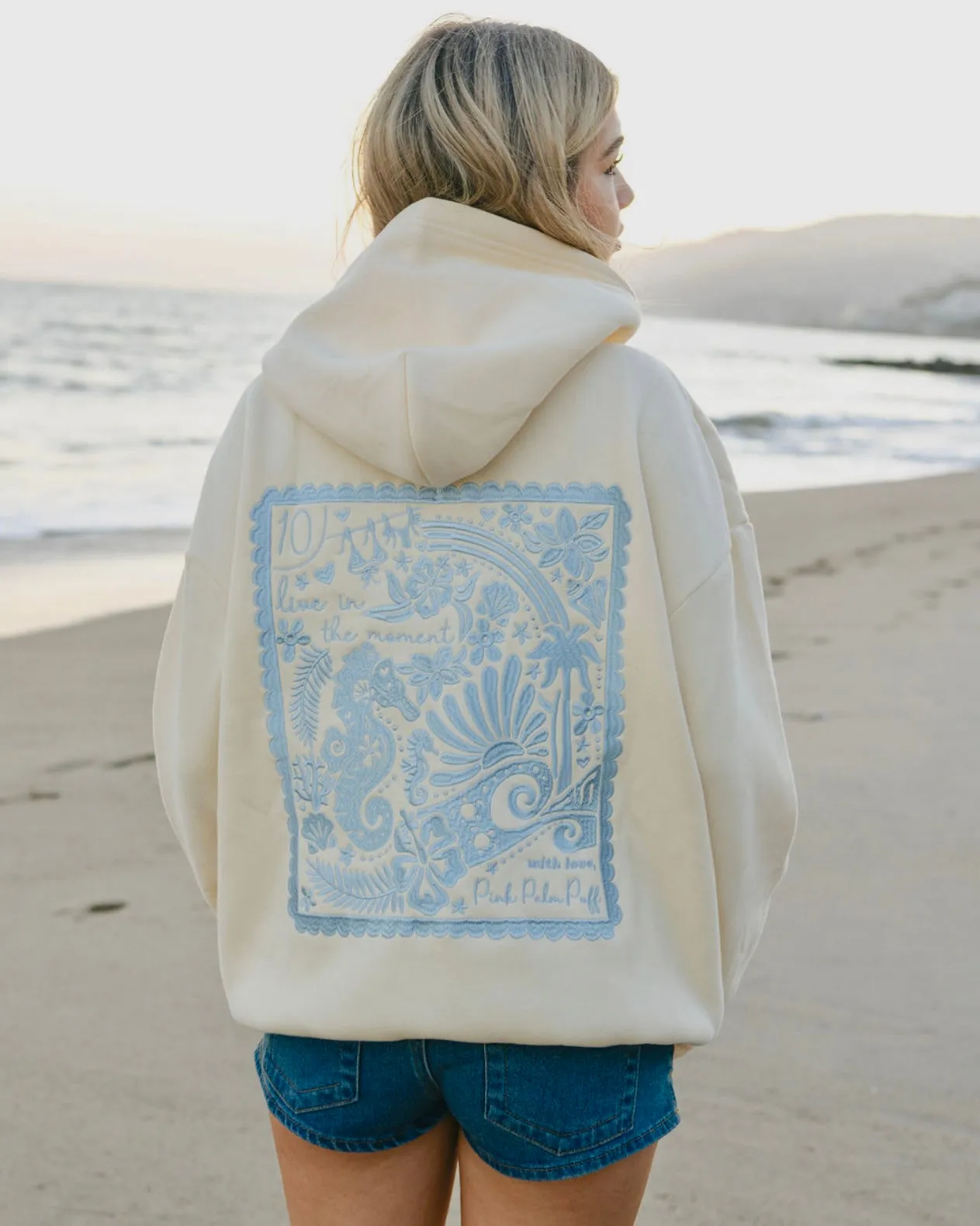 "Live in the Moment" Hoodie in Sand sold by Pink Palm Puff