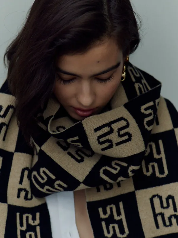 GENEVA - Camel & Black Checkerboard Knit Scarf sold by Yaitte