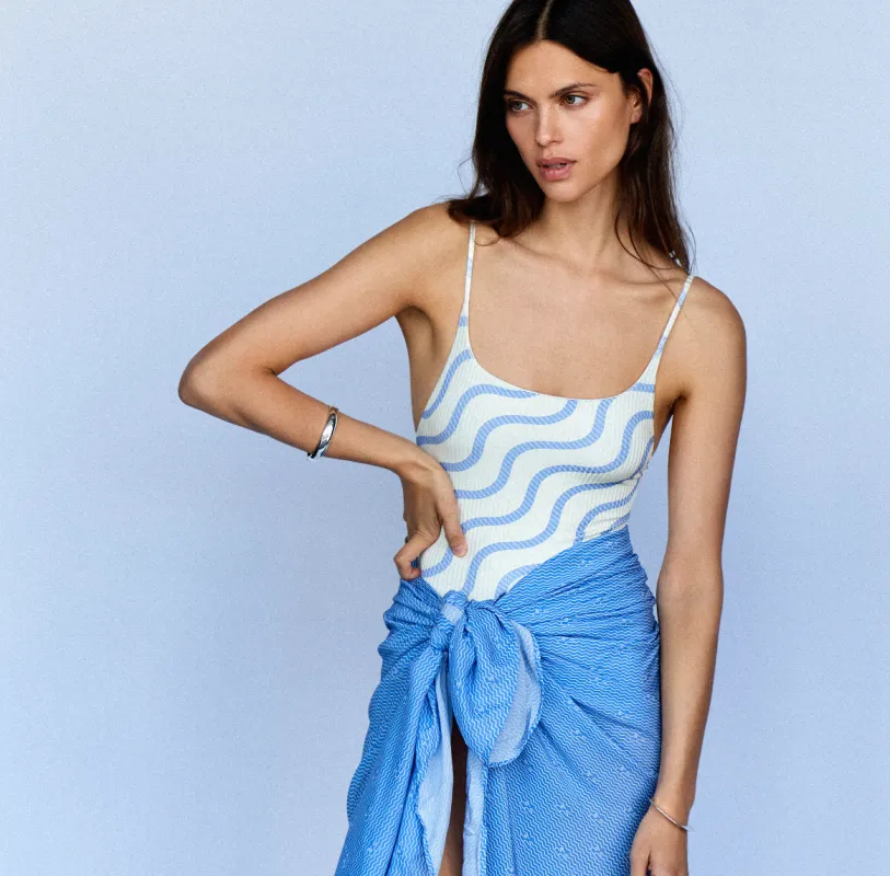 BAY - Bespoke Wave Blue Sarong sold by Yaitte