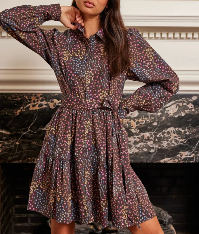 The Countryside Poplin Tiered Shirtdress - Floral Prairie in Chocolate sold by Summersalt