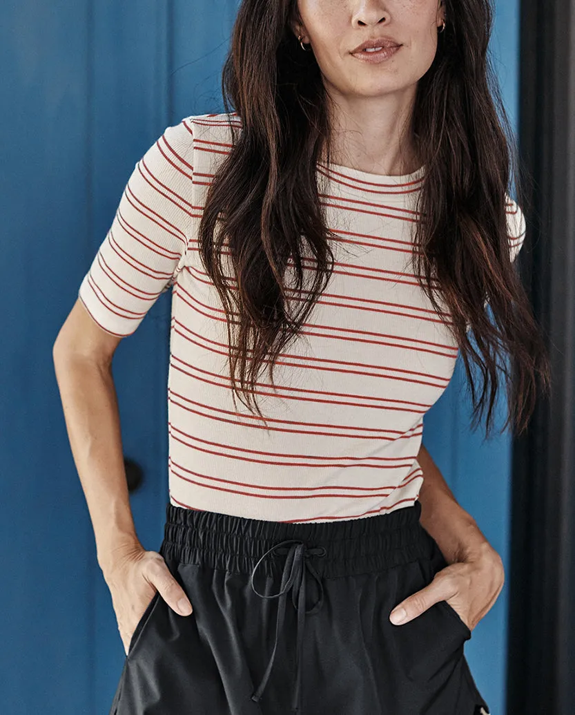 The Softest Ribbed Elbow Sleeve T-Shirt - White Sand & Berry Stripe sold by Summersalt product image thumbnail 3