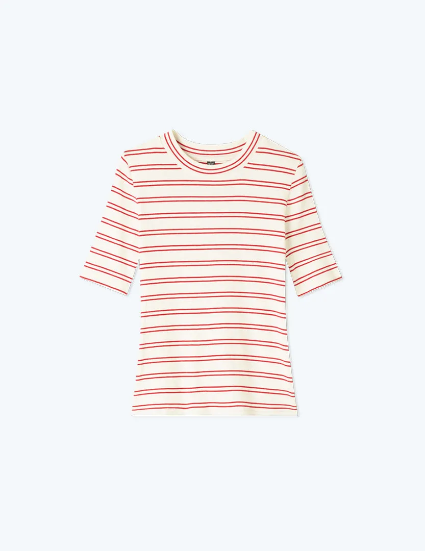 The Softest Ribbed Elbow Sleeve T-Shirt - White Sand & Berry Stripe sold by Summersalt product image thumbnail 4