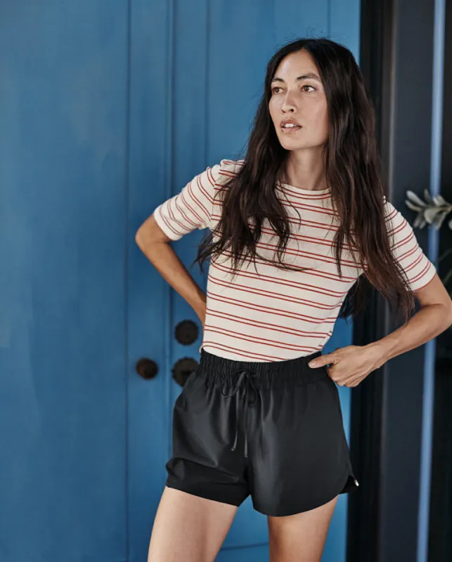 The Softest Ribbed Elbow Sleeve T-Shirt - White Sand & Berry Stripe sold by Summersalt