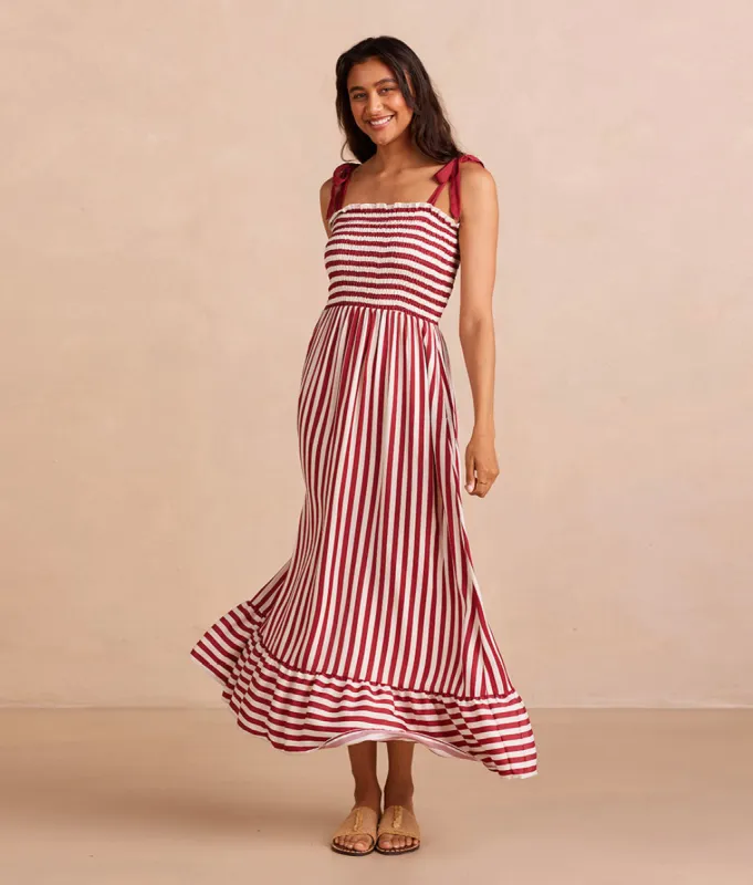 The Silky Luxe Smocked Maxi Dress - Nautical Stripe in Sedona sold by Summersalt