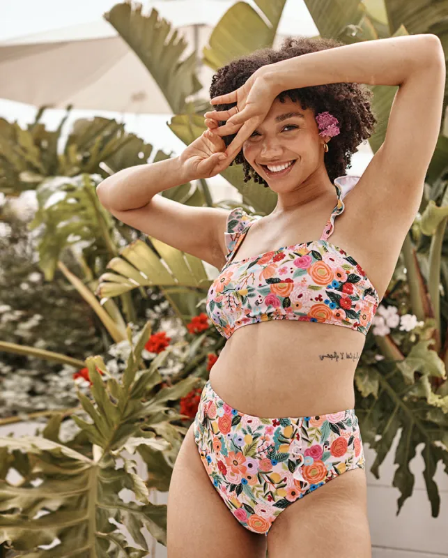 The Ruffle High Leg High Rise Bikini Bottom - Garden Party sold by Summersalt
