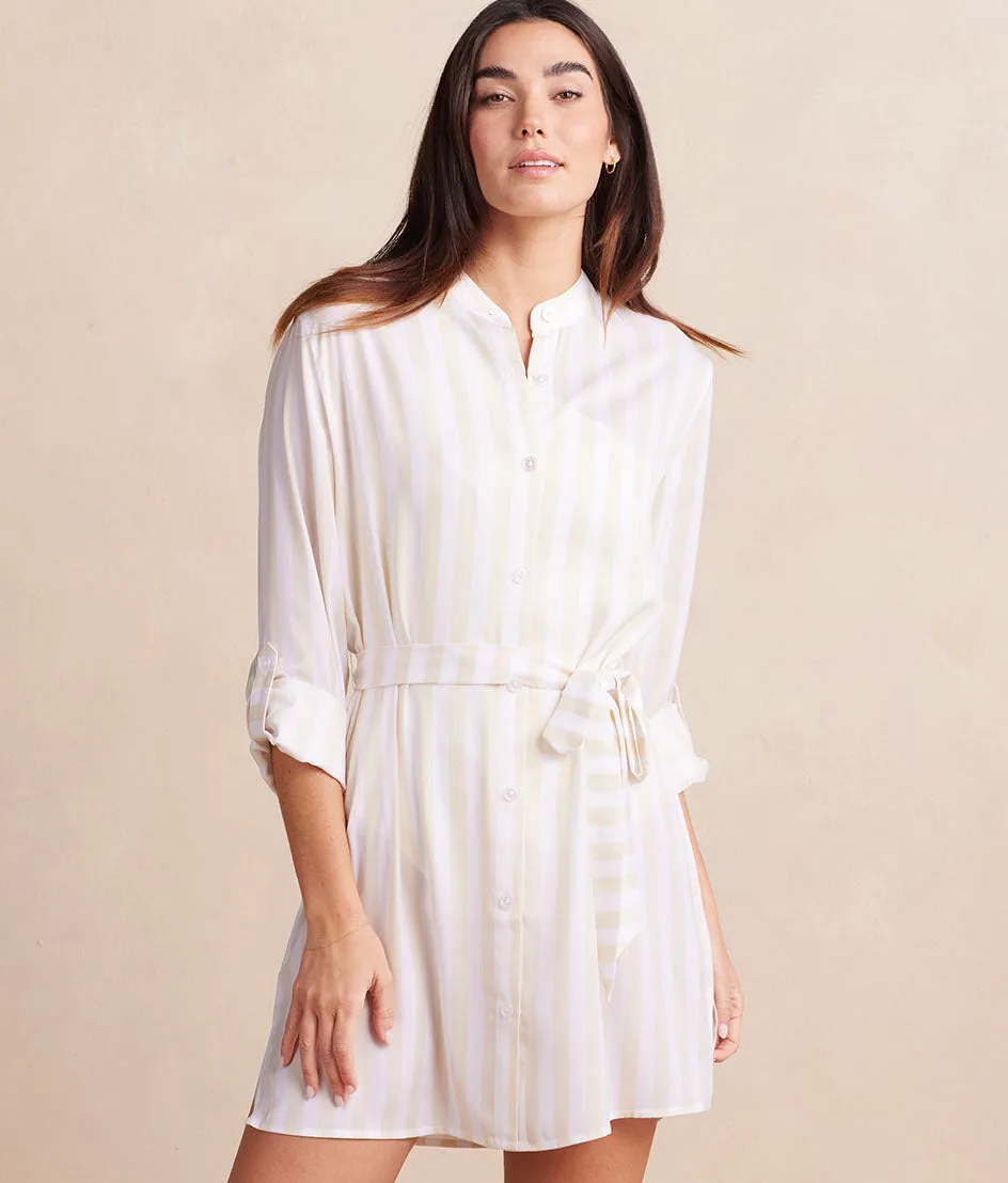 The Silky Luxe Short Effortless Shirtdress Cover-Up - Beach Stripe in Sandshell sold by Summersalt