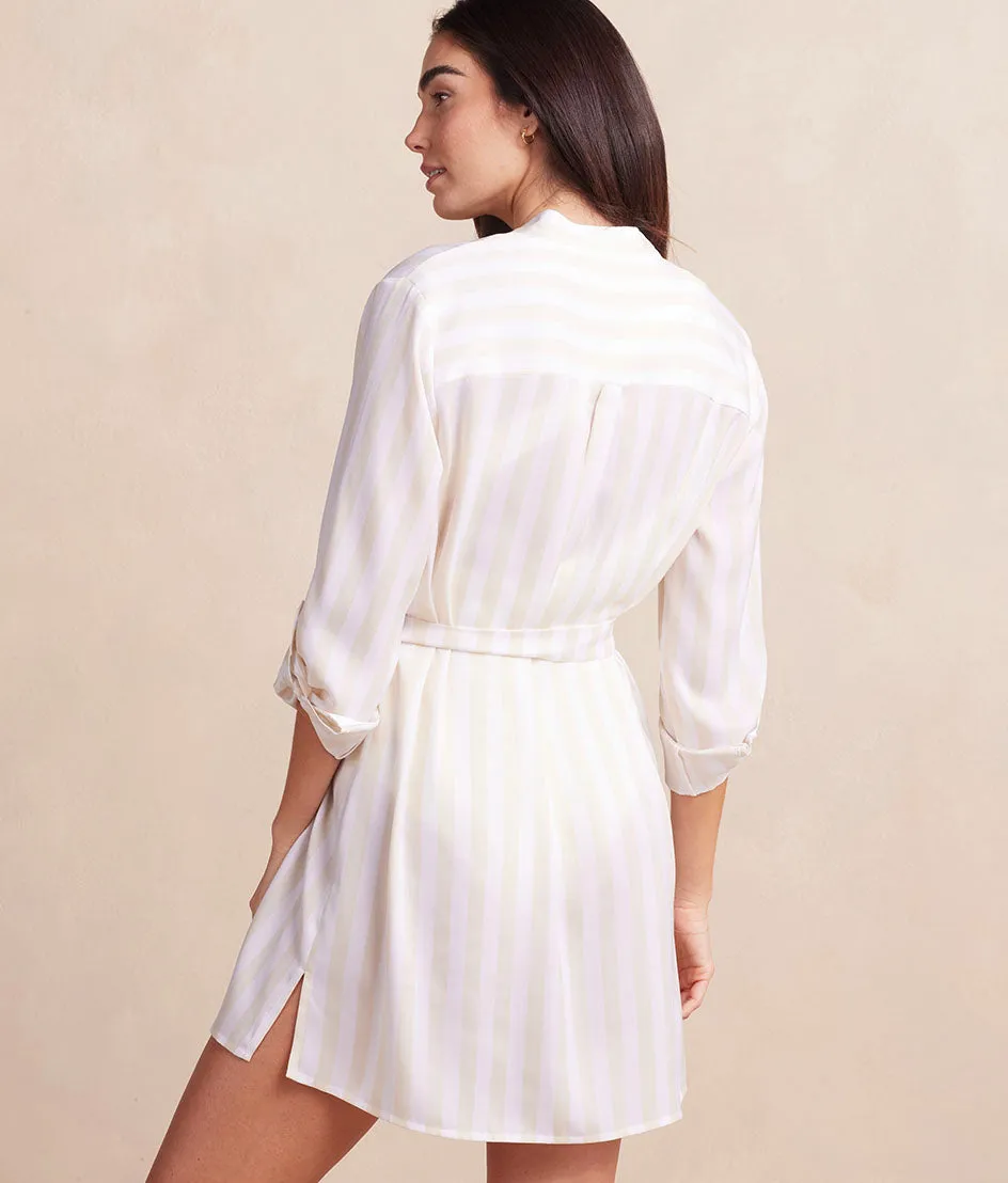 The Silky Luxe Short Effortless Shirtdress Cover-Up - Beach Stripe in Sandshell sold by Summersalt product image thumbnail 2