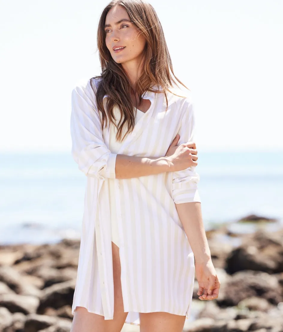 The Silky Luxe Short Effortless Shirtdress Cover-Up - Beach Stripe in Sandshell sold by Summersalt product image thumbnail 5