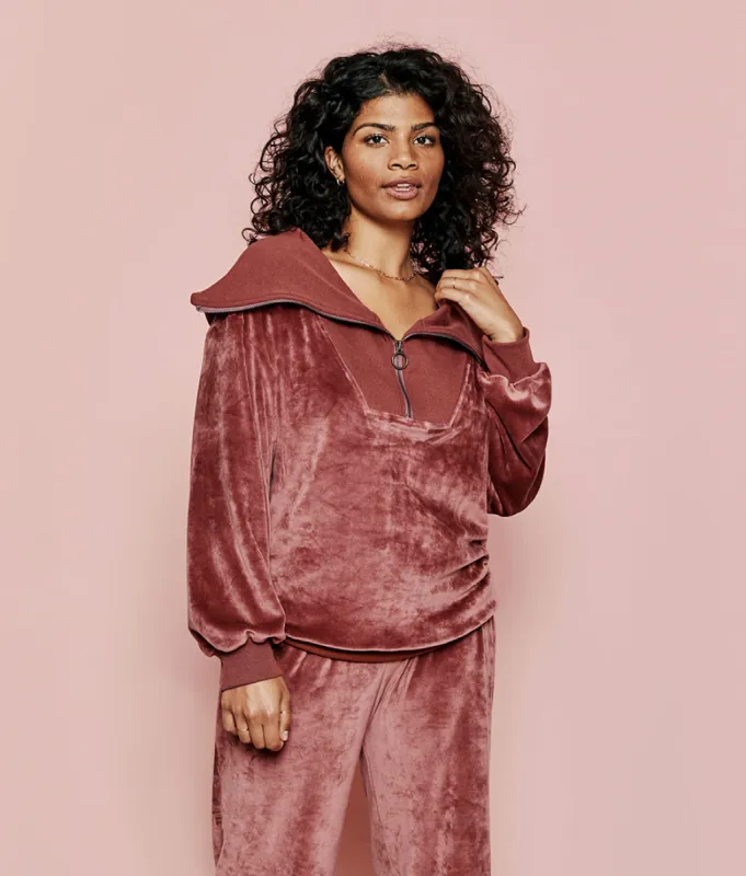 The Plush Velour Half-Zip Pullover - Rosewood sold by Summersalt