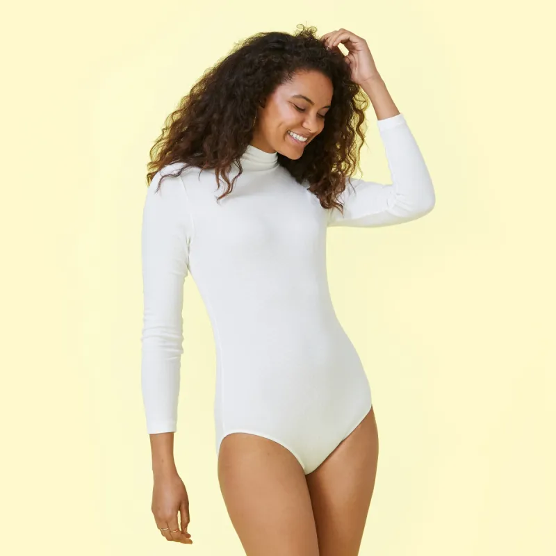 The Long Sleeve Day to Night Bodysuit - White Sand sold by Summersalt