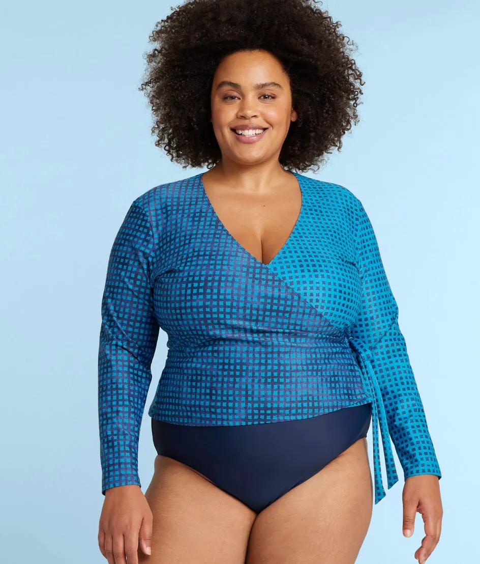 The Perfect Wrap Long Sleeve Cover-Up - Mixed Gingham in Calypso & Deep Sea sold by Summersalt