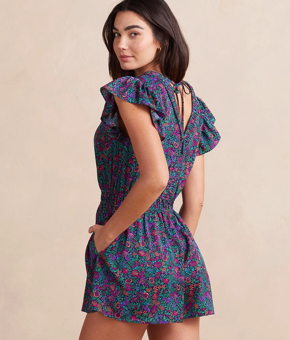 The Silky Luxe Ruffled Romper Cover-Up - Radiant Floral in Deep Sea sold by Summersalt product image thumbnail 2