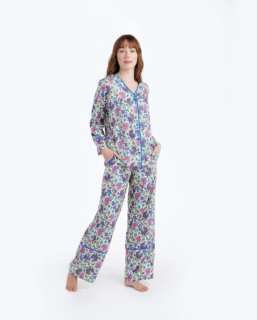 The Cloud 9 Silky Pajama Set - Scroll Block Print in Violet & Lava sold by Summersalt