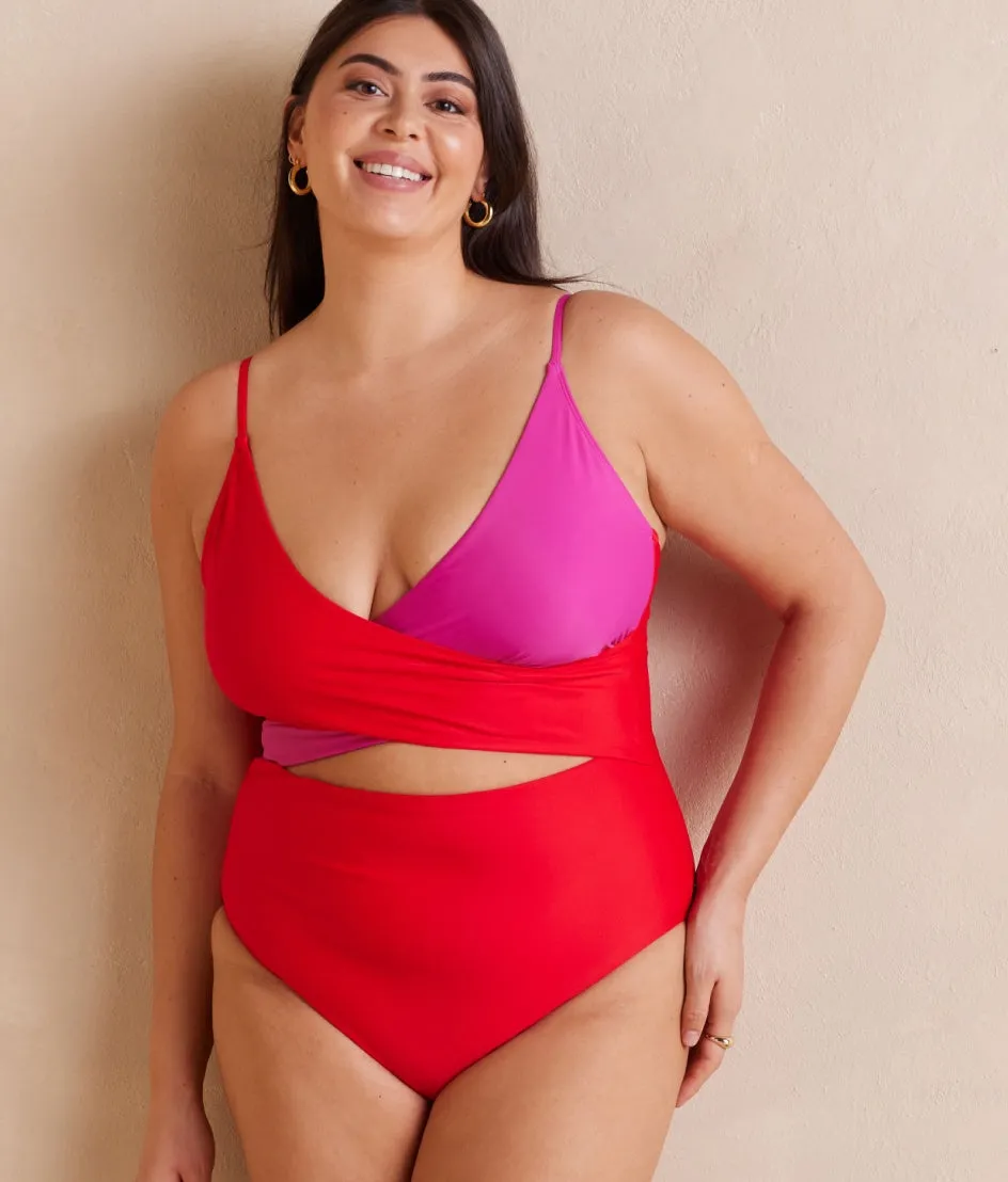 The Long Torso Sea Breeze Cutout One-Piece - Lava & Hibiscus sold by Summersalt