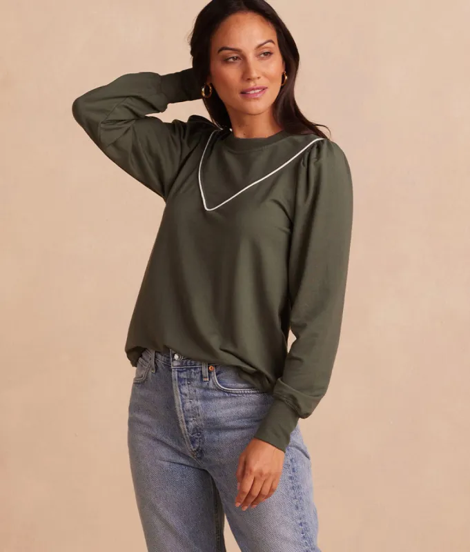 The Softest French Terry Contrast Puff-Sleeve Pullover - Olive & White Sand sold by Summersalt