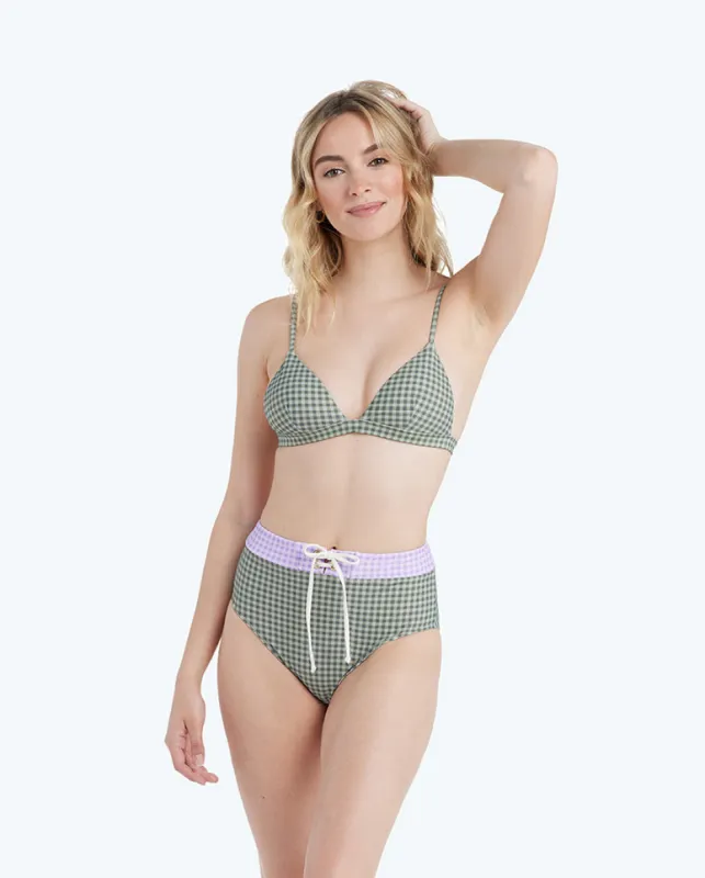 The Lace-Up High Leg High Rise Bikini Bottom - Gingham in Lavender & Ivy sold by Summersalt
