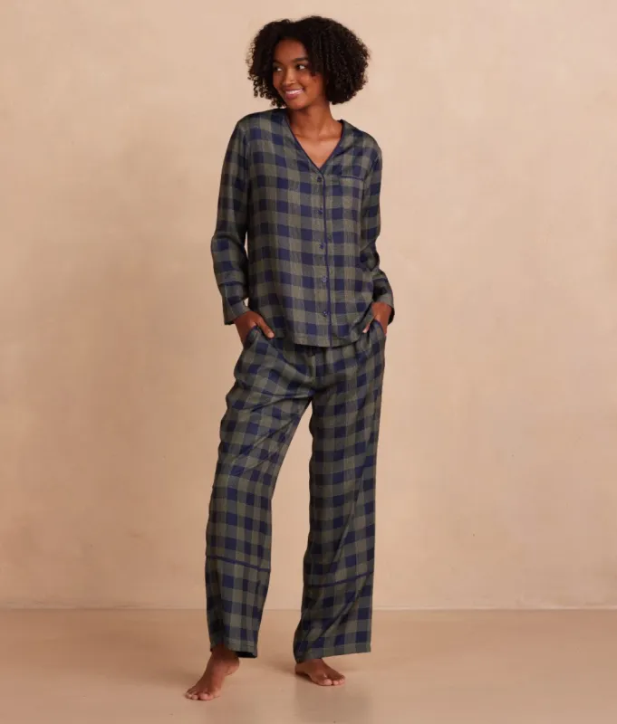 The Cloud 9 Silky Pajama Set - Buffalo Check in Deep Sea & Gold sold by Summersalt