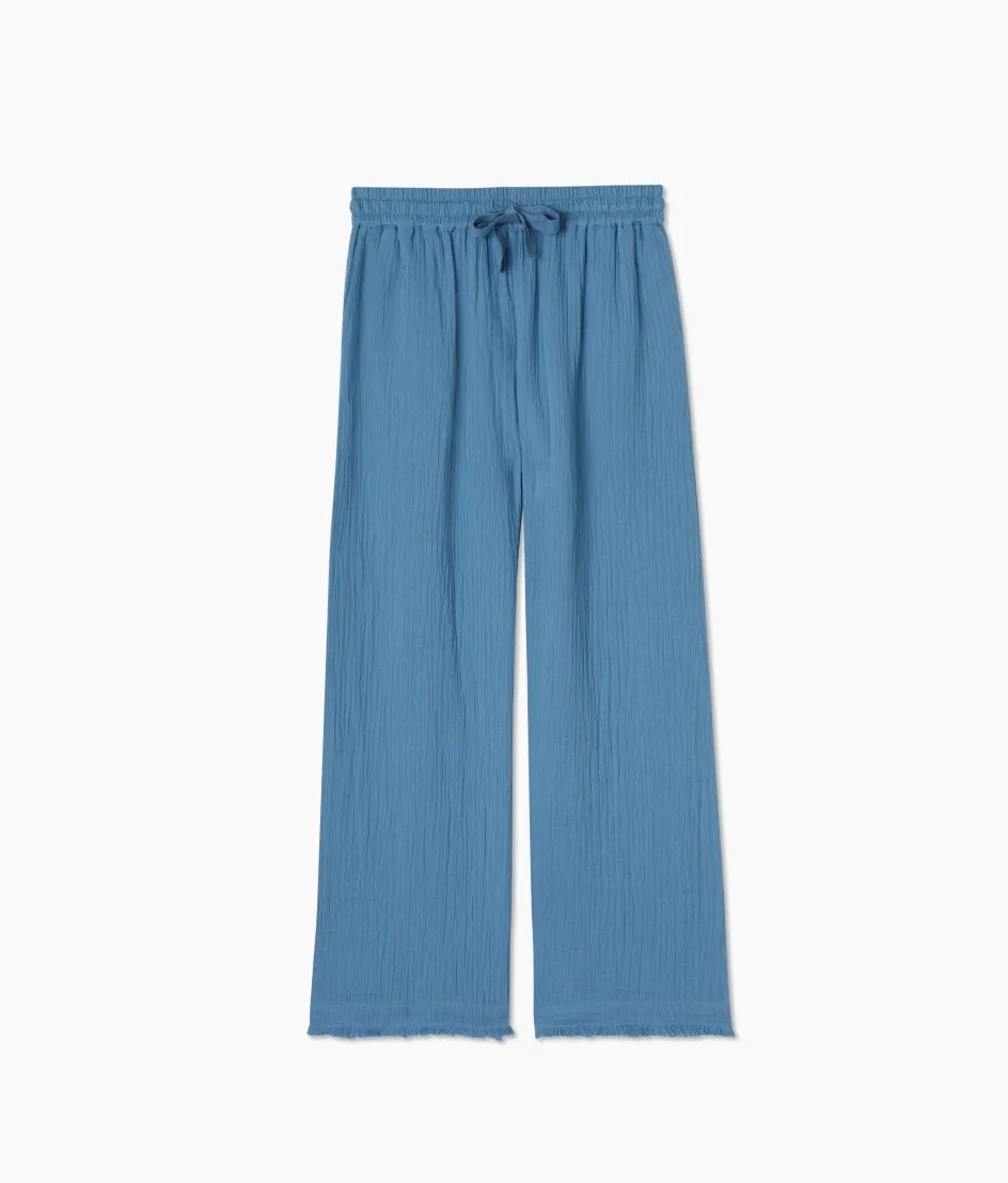The Going Places Gauze Frayed Hem Pant - Cyprus Blue sold by Summersalt