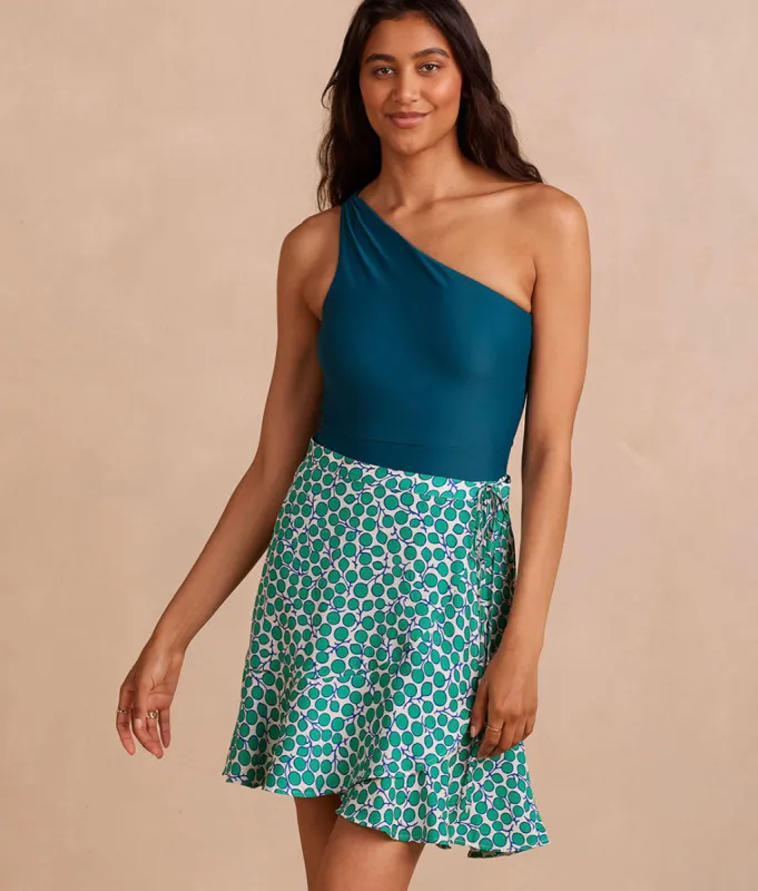 The Silky Luxe Short Beach to Brunch Wrap Skirt - Summer Sprig in Seagreen sold by Summersalt