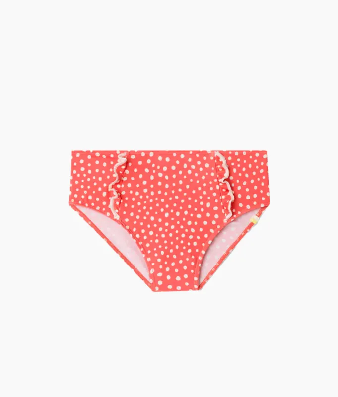 The Ruffle High Leg High Rise Bikini Bottom - On The Dot in Coral sold by Summersalt