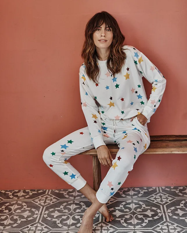 The Softest French Terry Jogger - Scatter Stars in White Sand sold by Summersalt