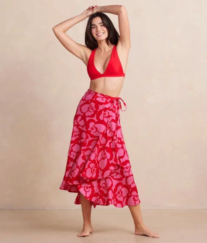 The Silky Luxe Beach to Brunch Wrap Skirt - Pop Floral in Lava sold by Summersalt