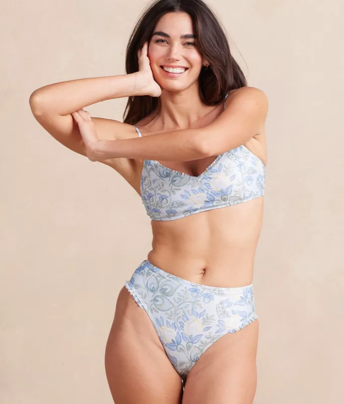 The Mini-Ruffle High Leg Mid Rise Bikini Bottom - Secret Garden in Powder Blue & Sage sold by Summersalt