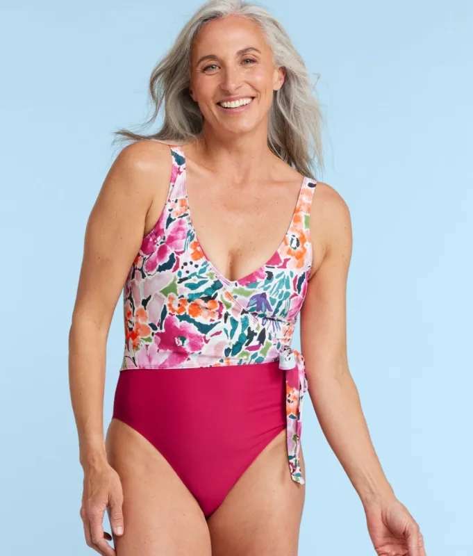 The Perfect Wrap One-Piece - Watercolor Floral in Strawberry sold by Summersalt