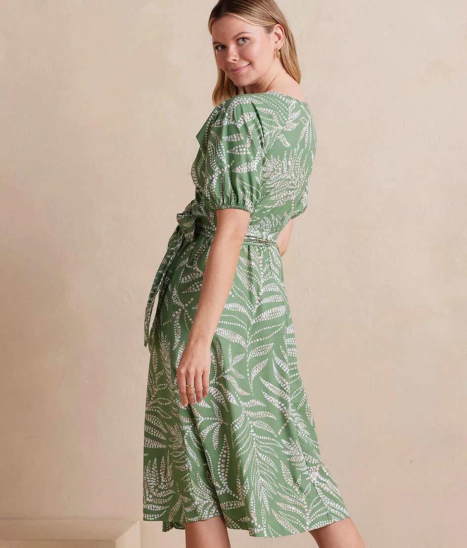 The Coastal Poplin Puff-Sleeve Wrap Midi Dress - Dotted Palms in Seagreen & White Sand sold by Summersalt product image thumbnail 2