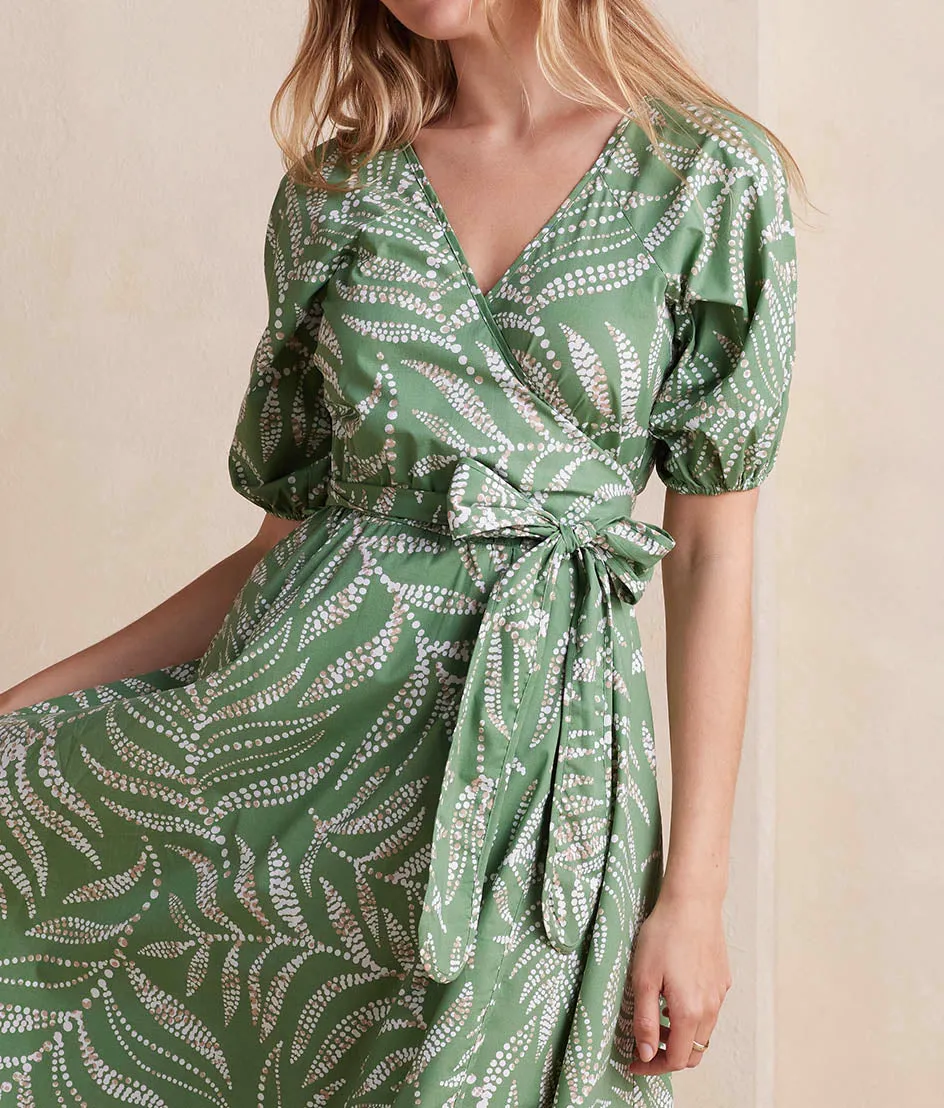 The Coastal Poplin Puff-Sleeve Wrap Midi Dress - Dotted Palms in Seagreen & White Sand sold by Summersalt product image thumbnail 4