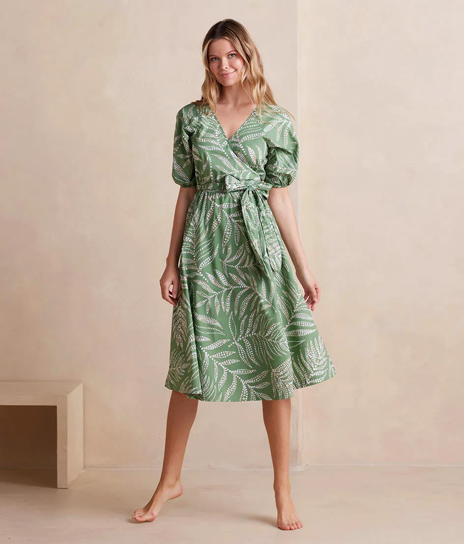 The Coastal Poplin Puff-Sleeve Wrap Midi Dress - Dotted Palms in Seagreen & White Sand sold by Summersalt product image thumbnail 3