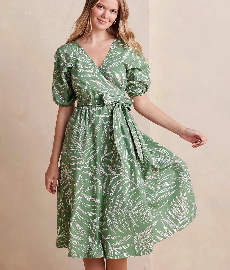 The Coastal Poplin Puff-Sleeve Wrap Midi Dress - Dotted Palms in Seagreen & White Sand sold by Summersalt