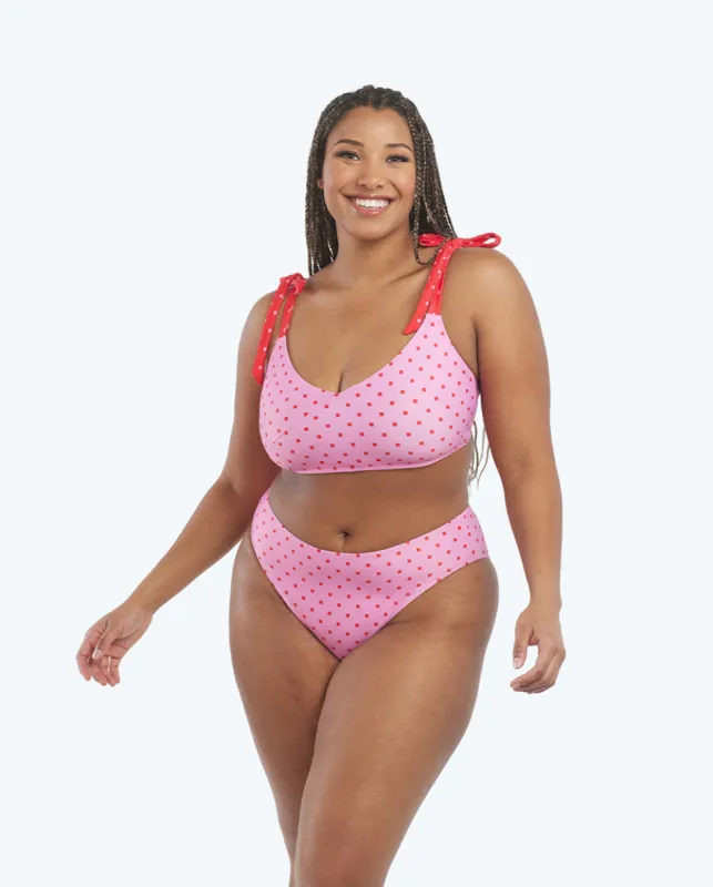 The Limited-Edition High Leg Mid Rise Bikini Bottom - Square Dot in Flamingo & Hibiscus sold by Summersalt