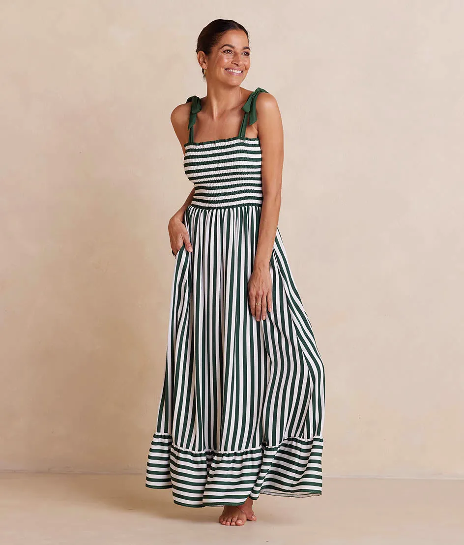 The Silky Luxe Smocked Maxi Dress - Nautical Stripe in Olive sold by Summersalt product image thumbnail 4