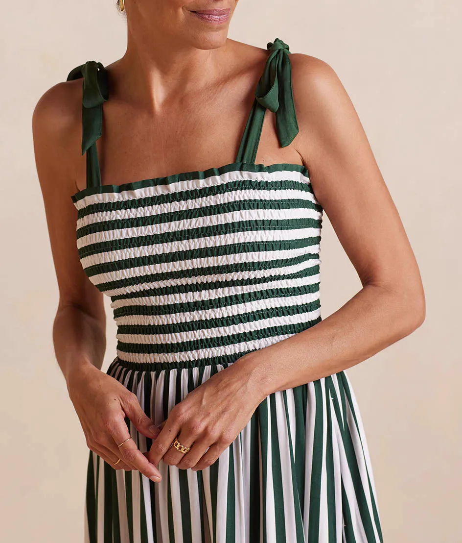 The Silky Luxe Smocked Maxi Dress - Nautical Stripe in Olive sold by Summersalt product image thumbnail 3