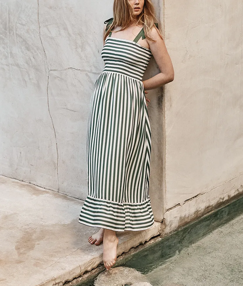 The Silky Luxe Smocked Maxi Dress - Nautical Stripe in Olive sold by Summersalt product image thumbnail 5