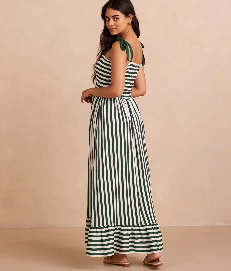 The Silky Luxe Smocked Maxi Dress - Nautical Stripe in Olive sold by Summersalt product image thumbnail 2