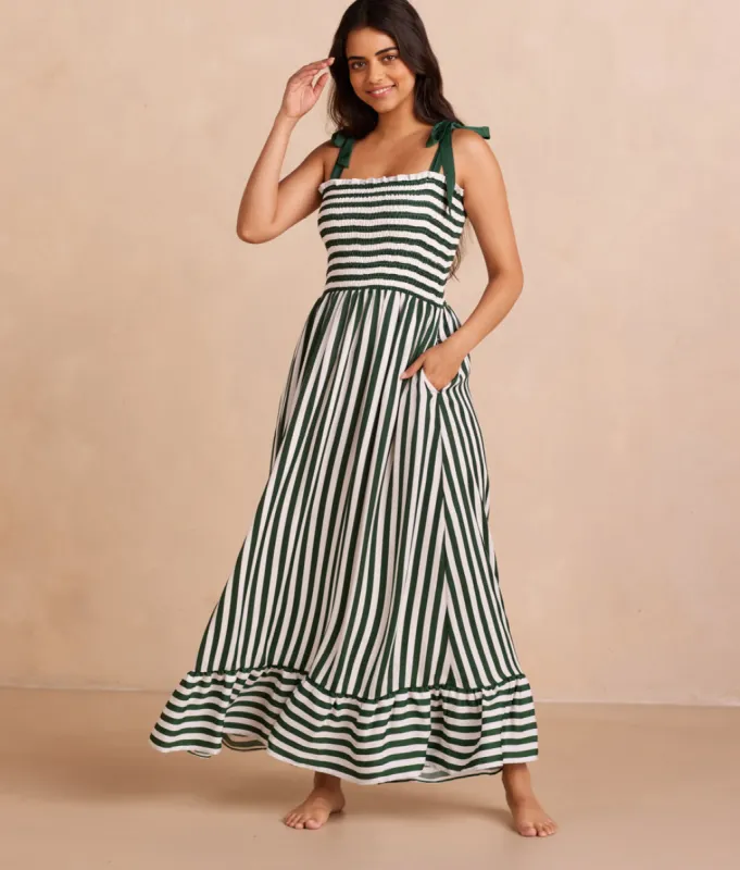 The Silky Luxe Smocked Maxi Dress - Nautical Stripe in Olive sold by Summersalt
