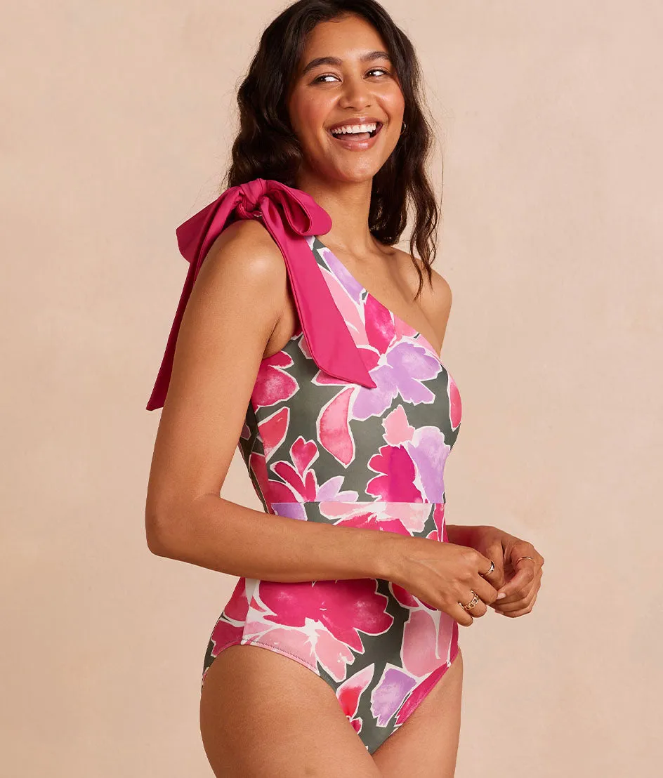 The Long Torso Bow-Shoulder Ruched Sidestroke - Watercolor Petal in Olive & Spritz sold by Summersalt