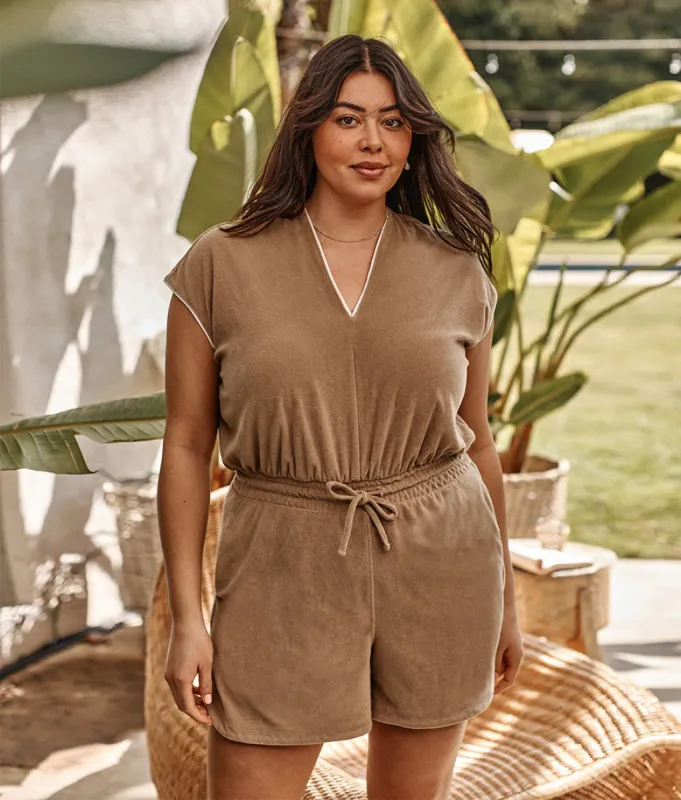 The Towel Terry V-Neck Romper - Toffee sold by Summersalt
