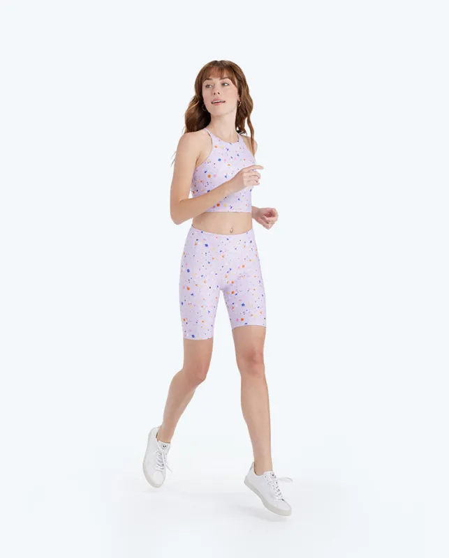 The Do-It-All High Rise Biker Shorts - Paint Splatter in Lilac sold by Summersalt