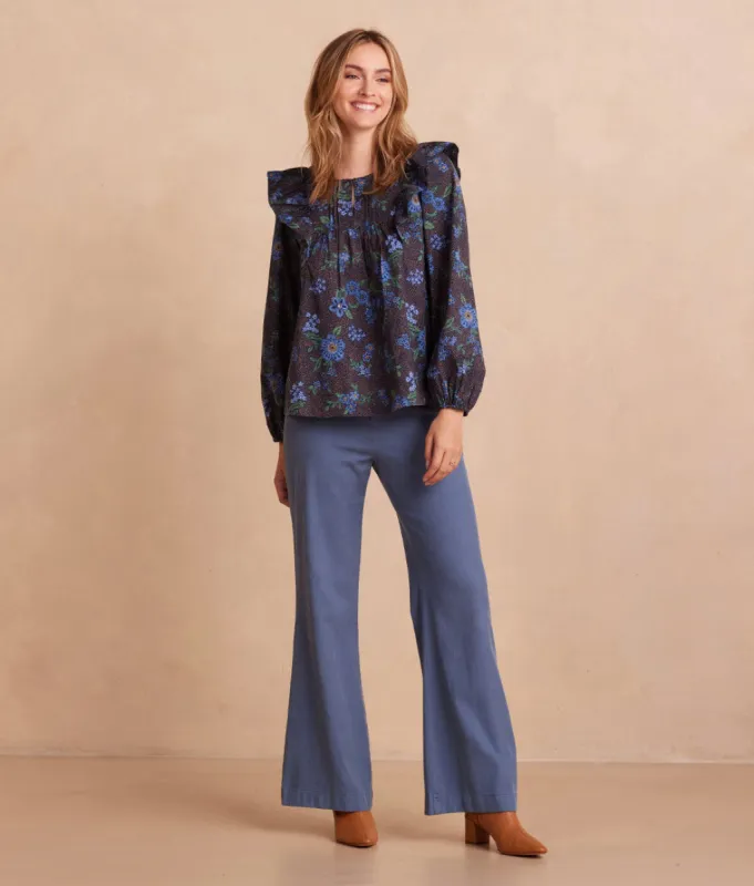 The Countryside Poplin Ruffle Blouse - Rustic Floral in Midnight sold by Summersalt