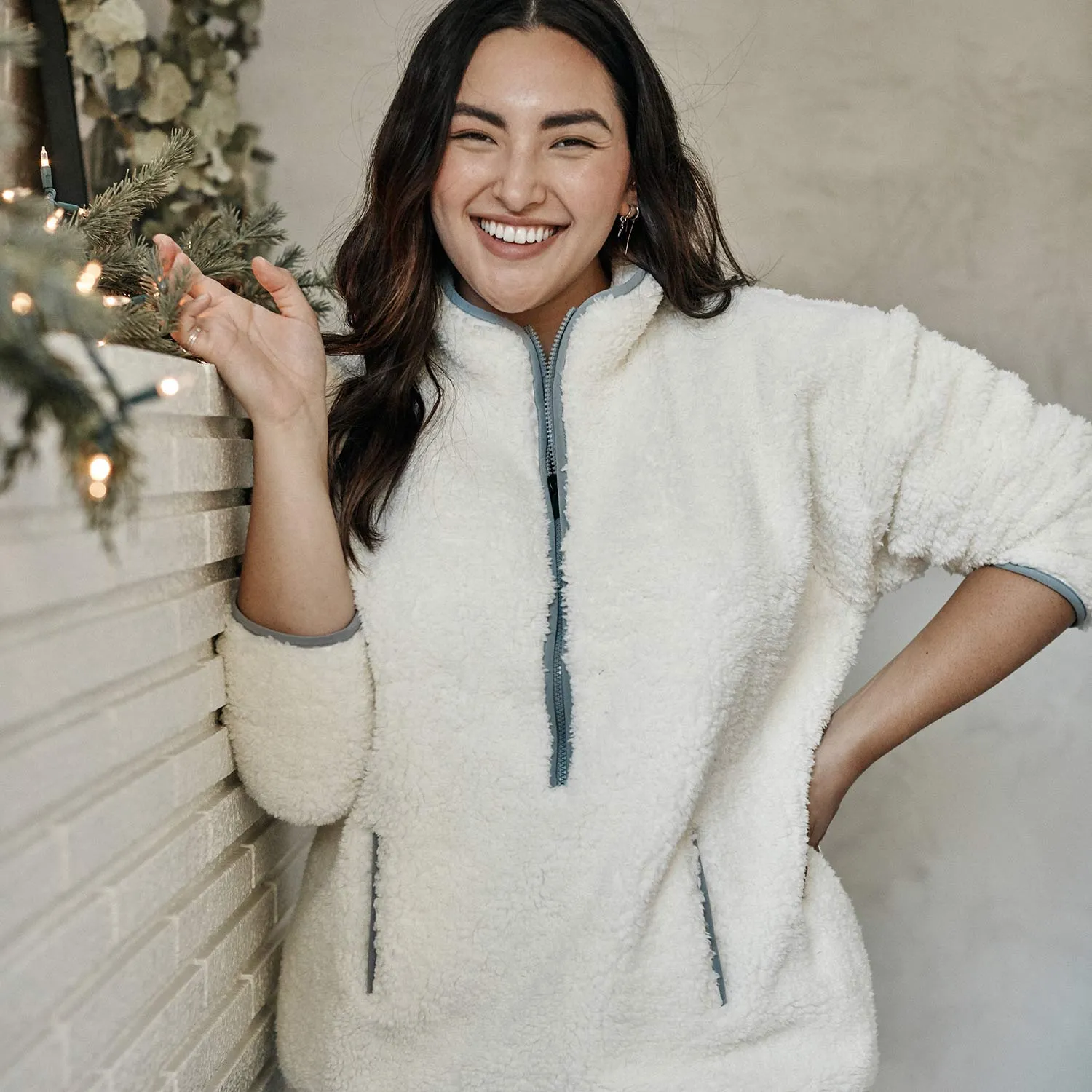 The Cozy High Pile Eco Fleece Half-Zip - White Sand & Wolf sold by Summersalt