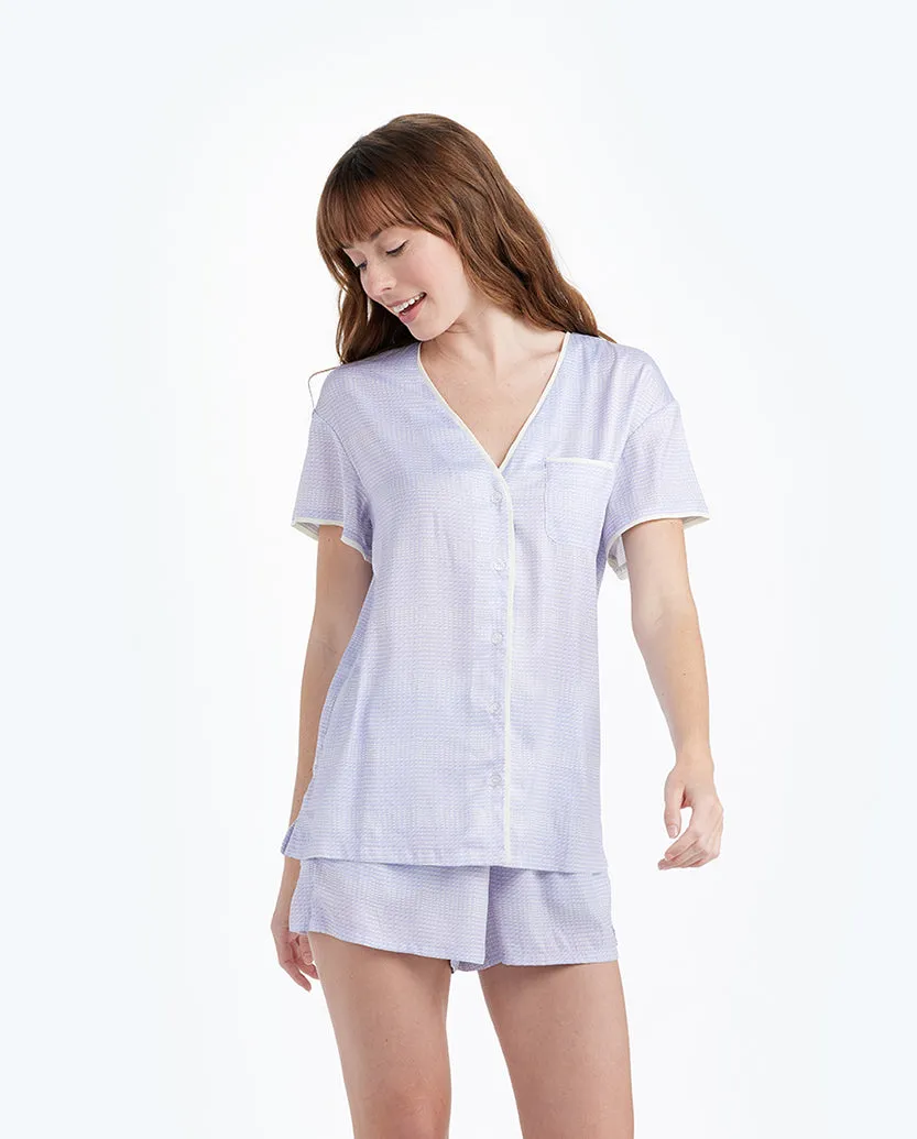 The Cloud 9 Silky Pajama Shorts Set - Modern Plaid in Lavender sold by Summersalt product image thumbnail 2