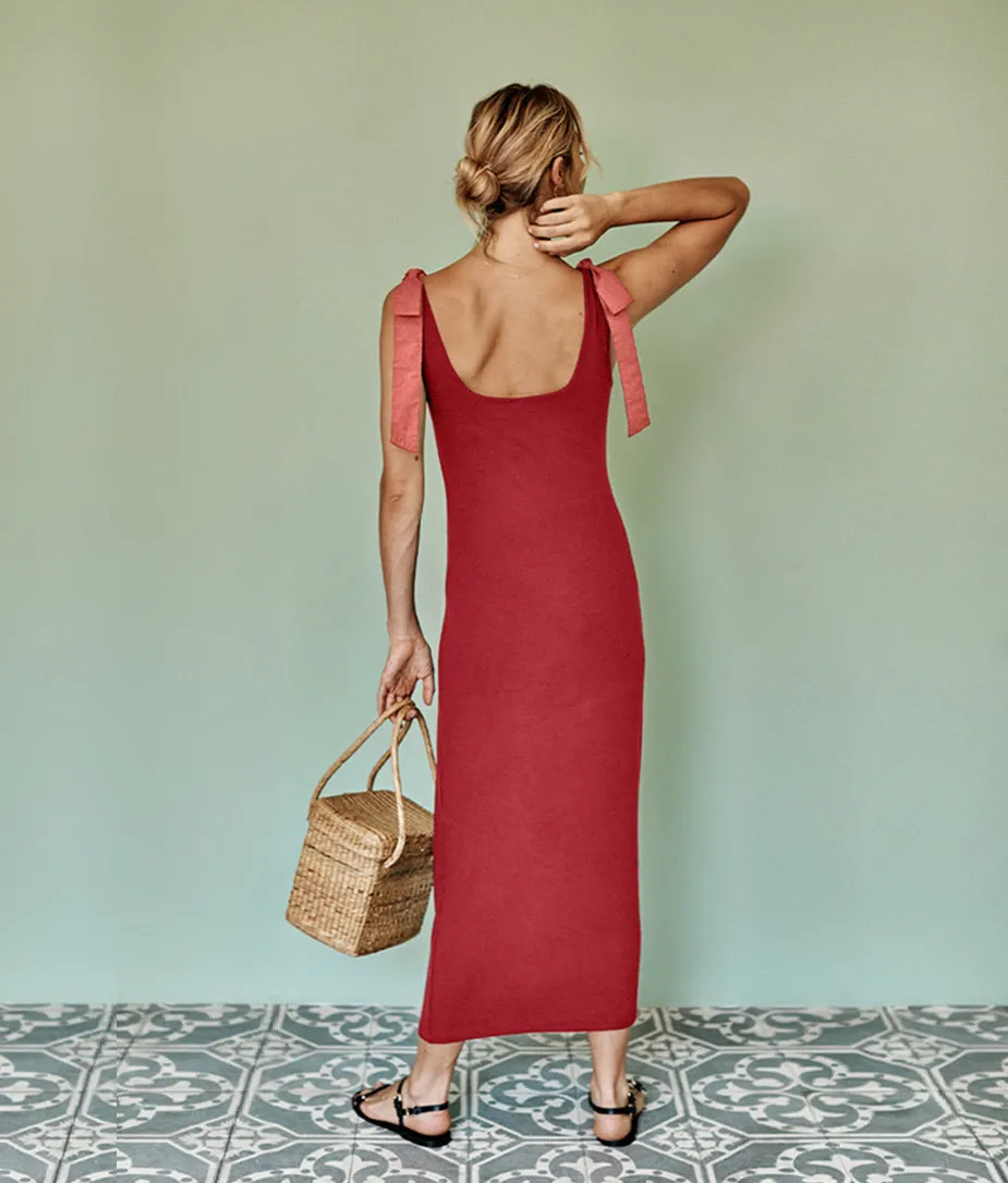 The Softest Ribbed Tie-Shoulder Maxi Dress - Lychee & Pomegranate sold by Summersalt product image thumbnail 2