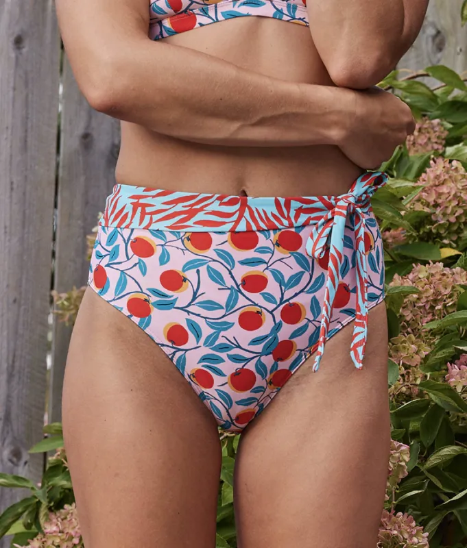 The Side-Tie High Leg High Rise Bottoms - Pink Nectarine Orchard sold by Summersalt