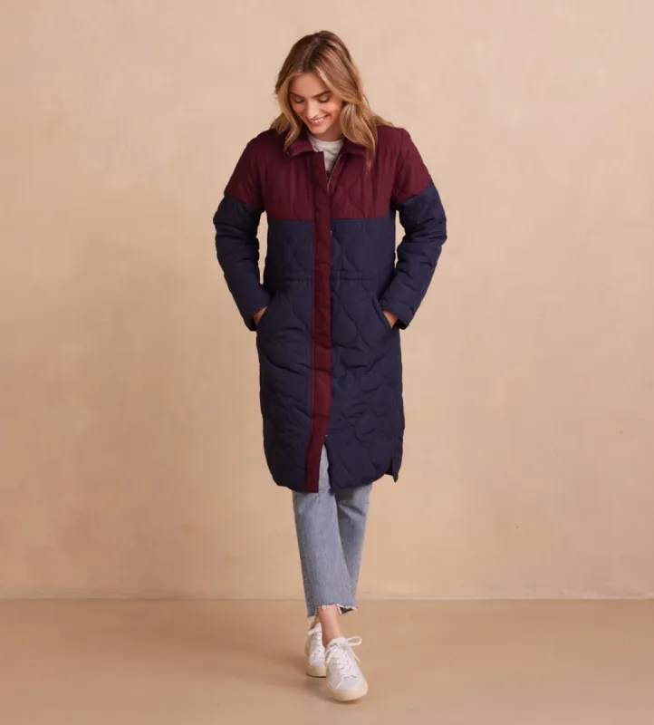 The Long Colorblock Eco Quilted Coat - Midnight & Black Cherry made by Summersalt