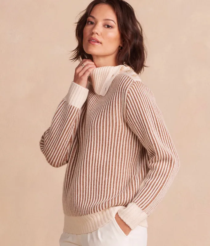 The Luxe Cashmere Blend Two-Tone Button Neck Sweater - Fawn & Dune sold by Summersalt