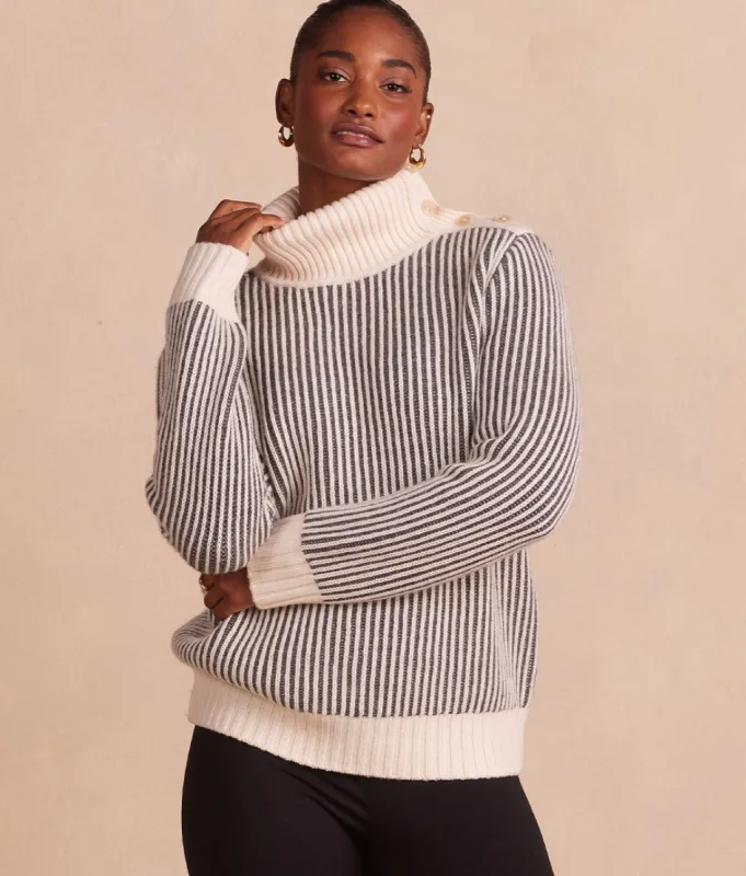 The Luxe Cashmere Blend Two-Tone Button Neck Sweater - Dune & Charcoal sold by Summersalt