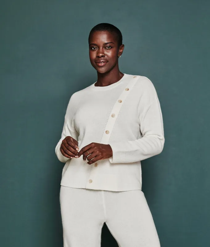 The Luxe Cashmere Blend Button Crewneck - White Sand sold by Summersalt